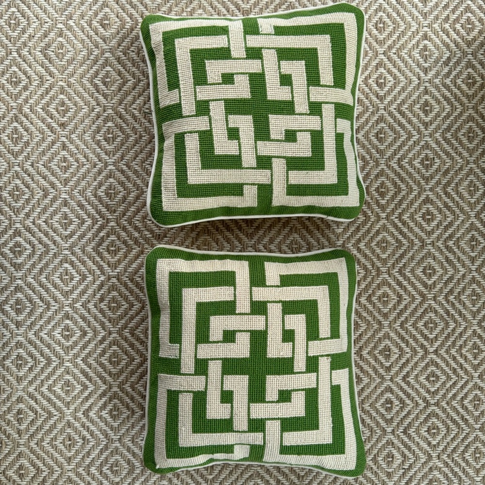 Trina Turk Needlepoint Pillows (2) Green + cream colored Greek key design 11x11”